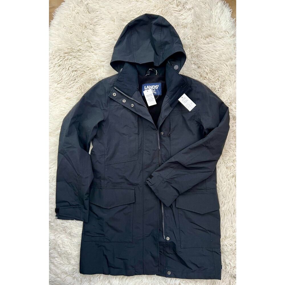 NEW NWT Lands End Women’s Waterproof Jacket Hood Raincoat Black sz XS 2-4
